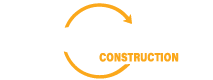 Logo for Pegasus Construction. The word Pegasus is in large white text, with CONSTRUCTION in smaller orange text underneath. An orange curved arrow encircles the word Pegasus from the top left to the bottom right.