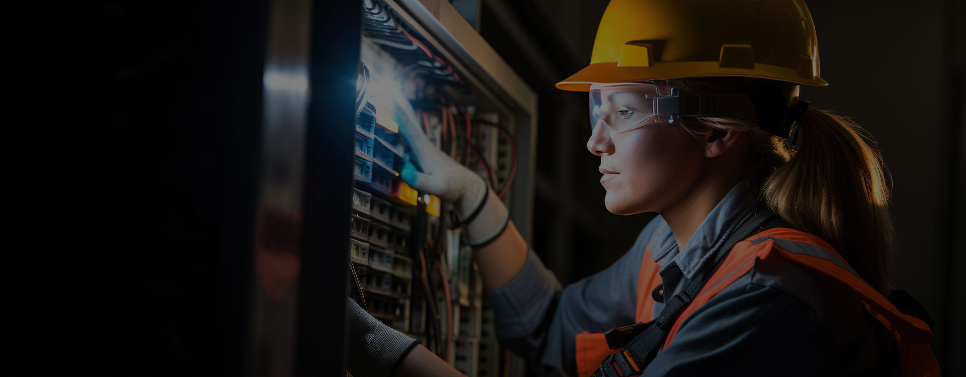 A woman in a hard hat is working on an electrical panel.
