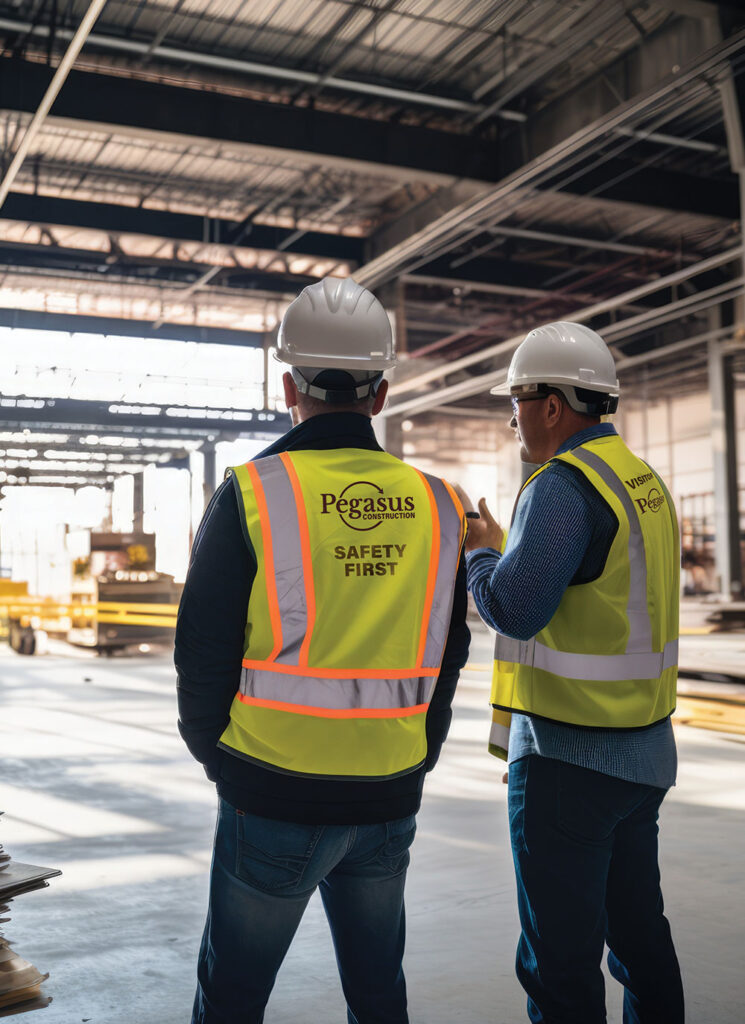 Two construction workers in safety vests standing in a warehouse.