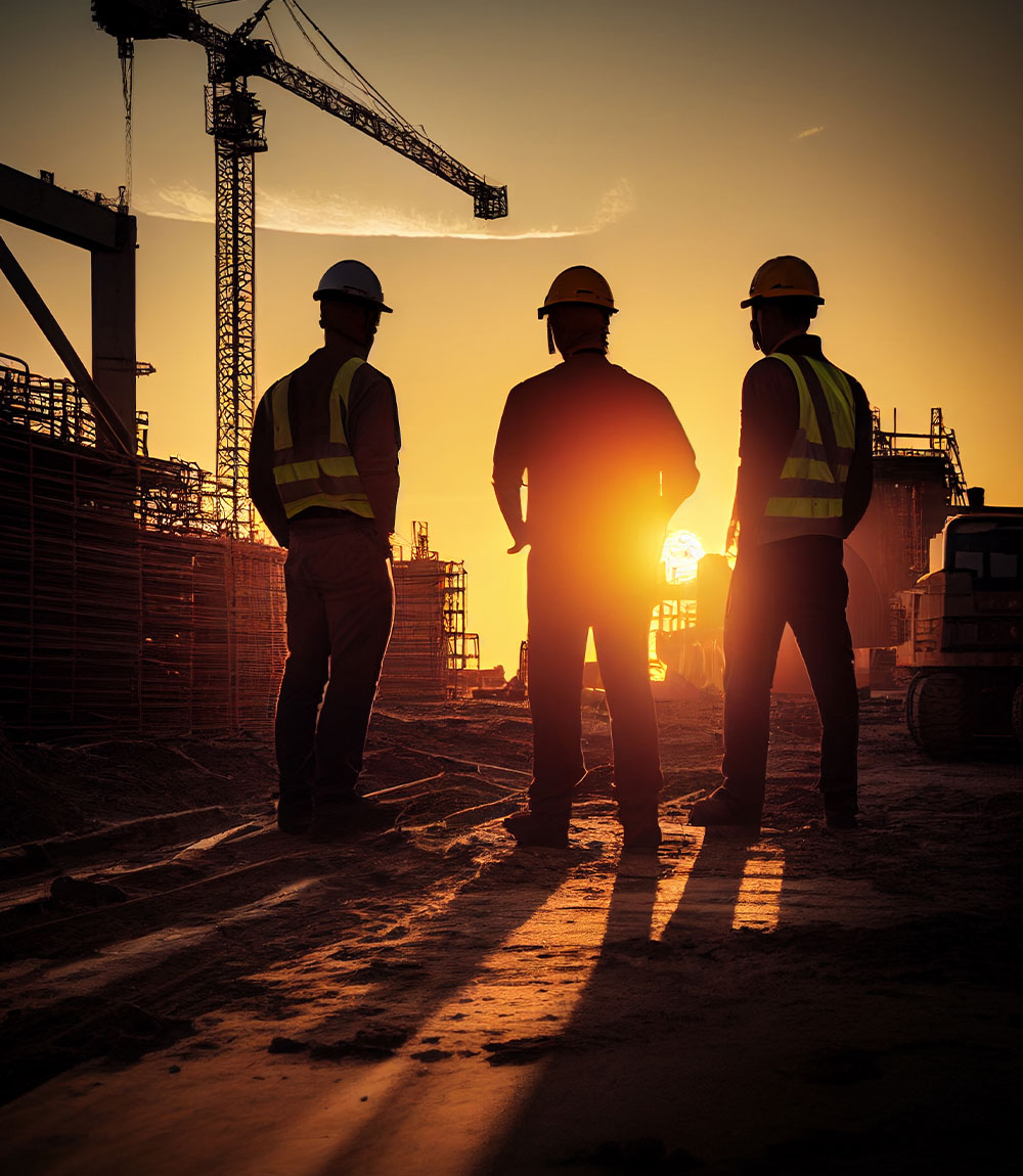 Three construction workers standing in front of a construction site at sunset.